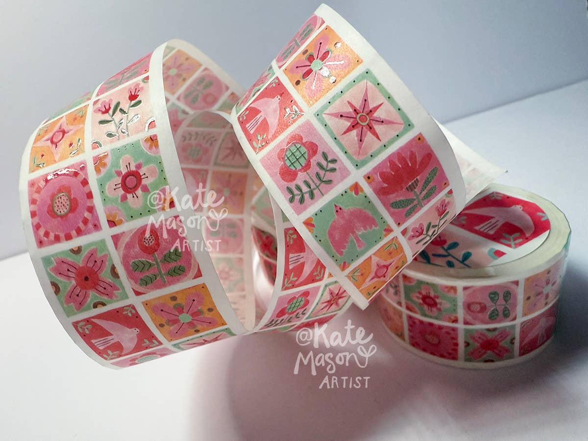 Folk Patchwork Mint Red washi tape