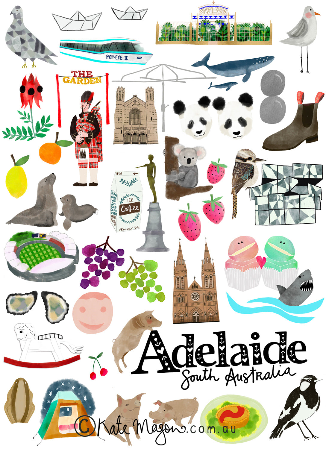 Adelaide Icons - colour GREETING CARD Australia Snail Mail Stationery Gift