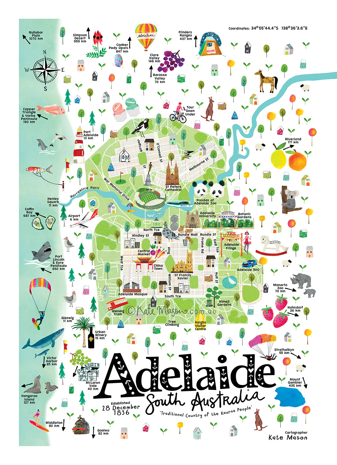 Adelaide map green white portrait TEA TOWEL Adelaide South Australia Kitchen Gift