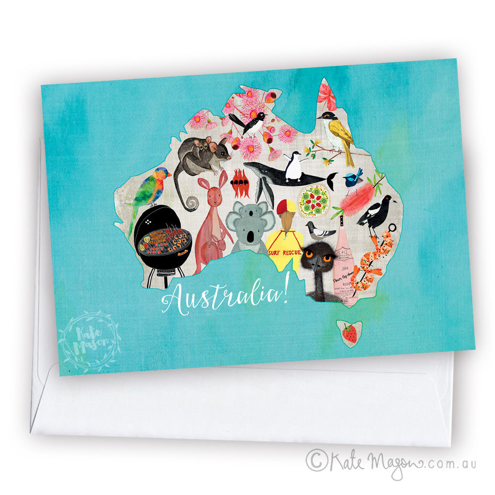 Australian Icon Map GREETING CARD Australia Snail Mail Stationery Gift