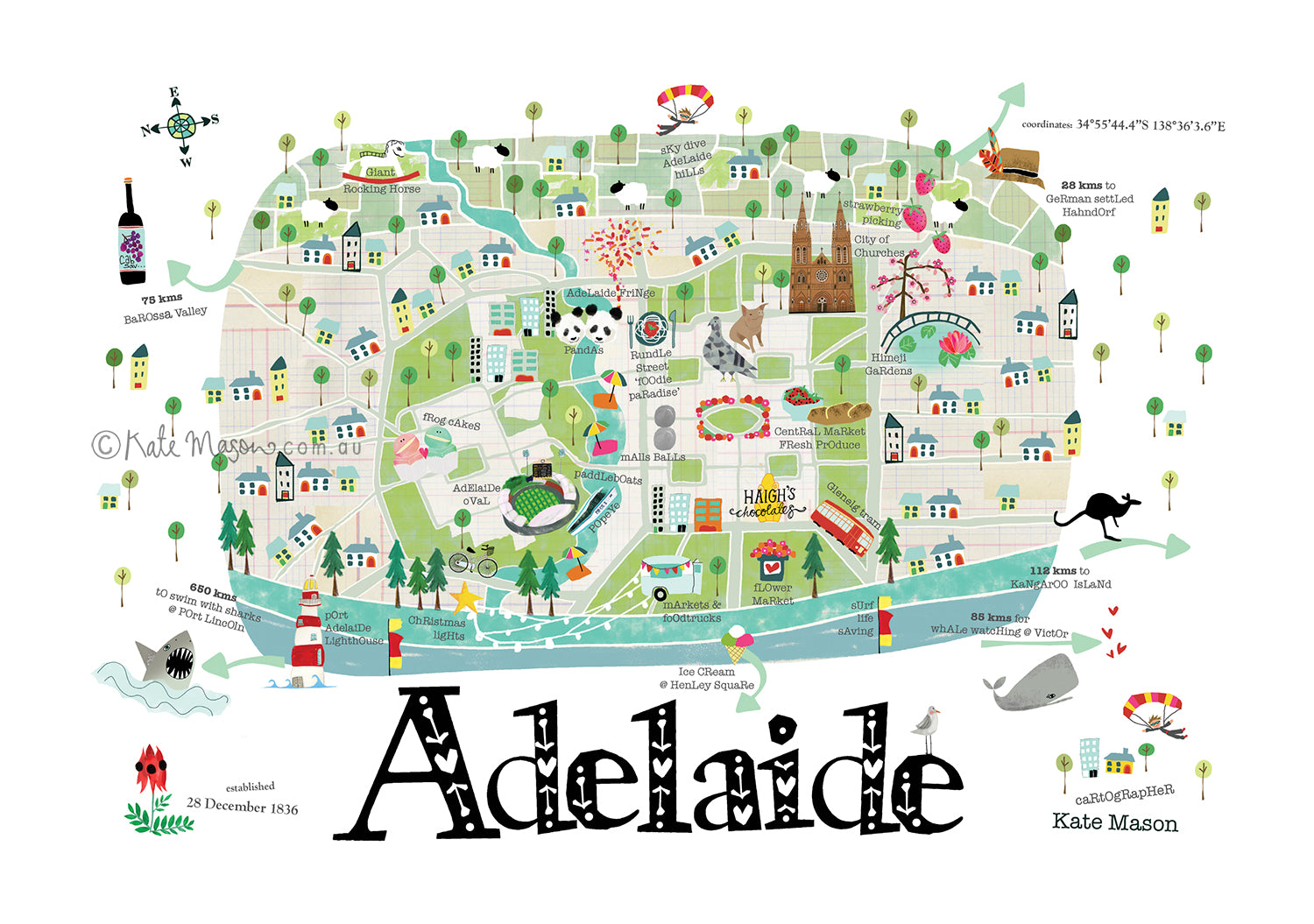 Adelaide Map white ORIGINAL landscape POSTCARD Australia Snail Mail Stationery Gift