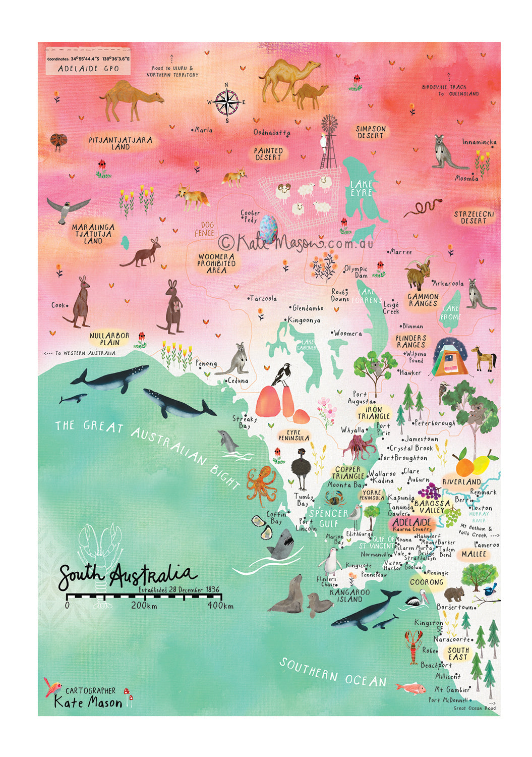 South Australia Map POSTCARD Australia Snail Mail Stationery Gift
